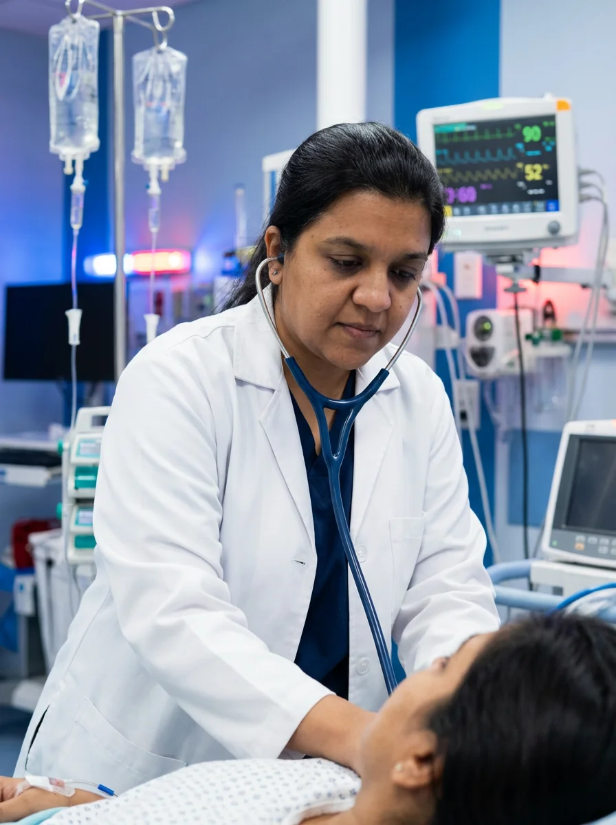 Doctor examining patient in ICU